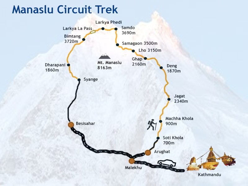 Manaslu Circuit Trek via Larkya Pass 12 Days routemap
